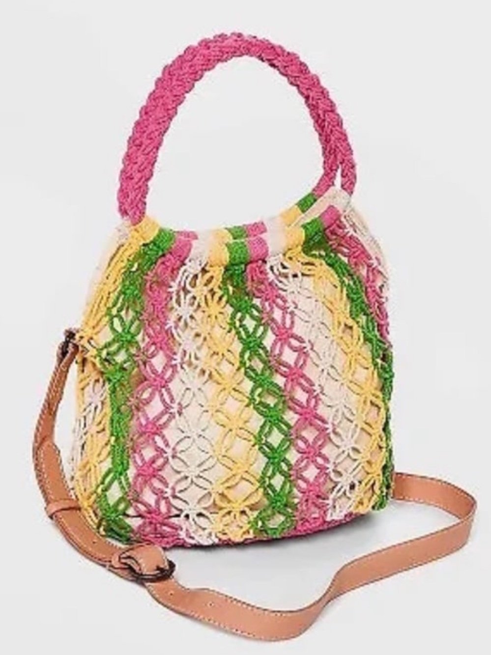 Handwoven Multicolor Crochet Shoulder Bag /Crossbody with Pink Handle